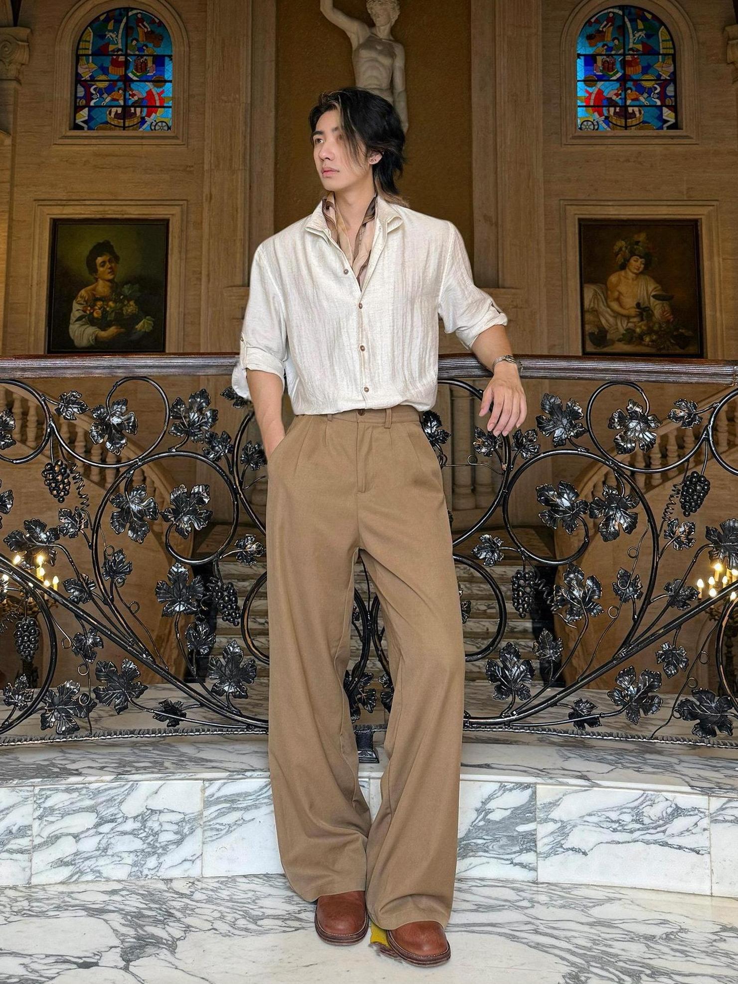 BALITONE Wrinkle Free Mid Rise Straight Micro Stretch Khaki Flared Trousers