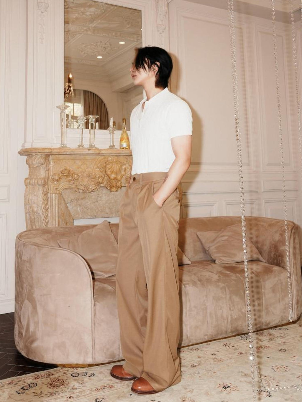 BALITONE Wrinkle Free Mid Rise Straight Micro Stretch Khaki Flared Trousers