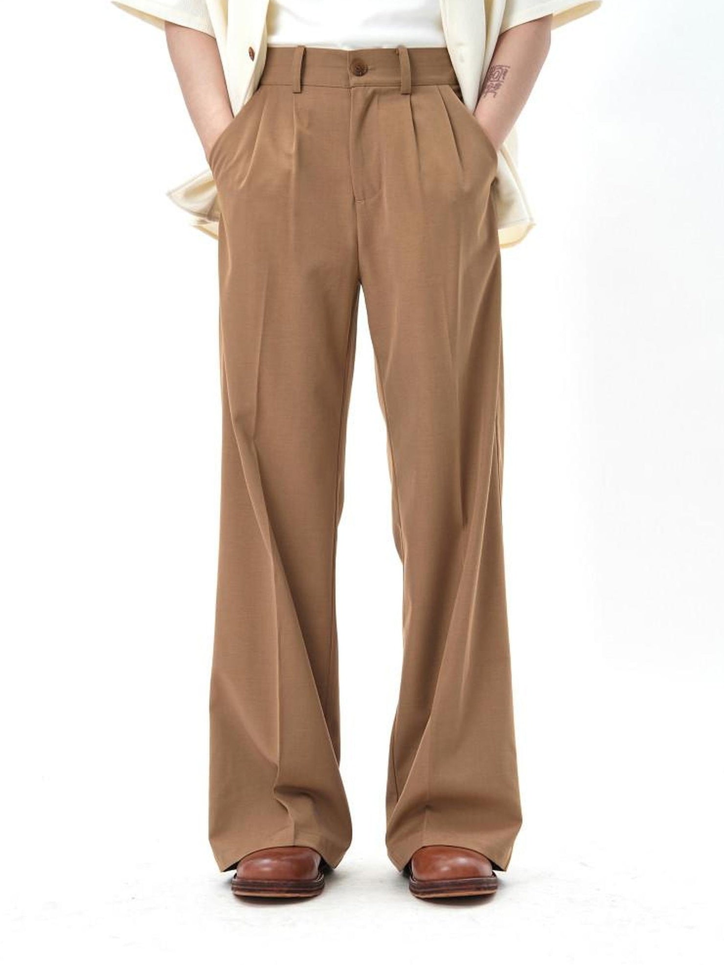 BALITONE Wrinkle Free Mid Rise Straight Micro Stretch Khaki Flared Trousers