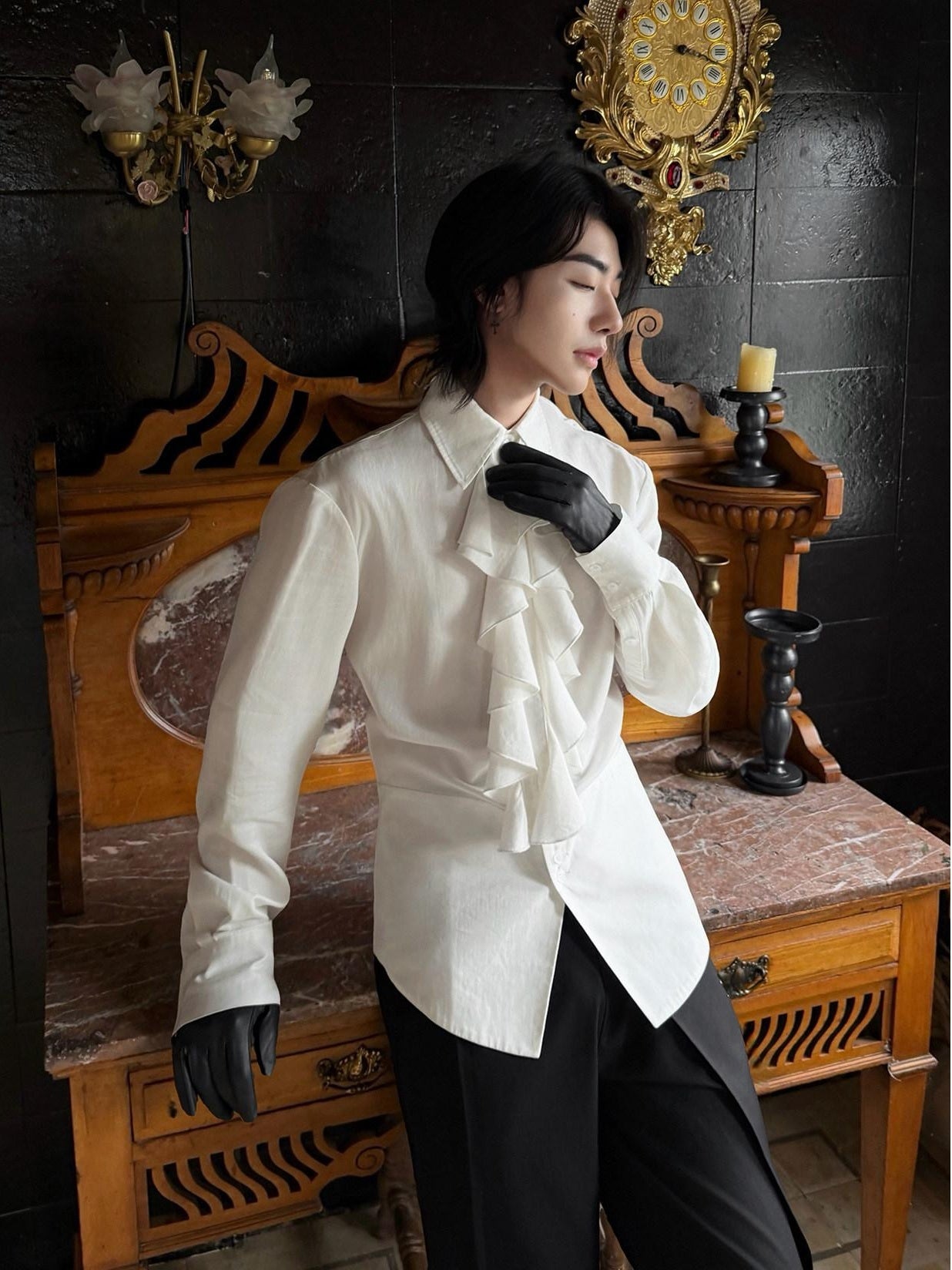 BALITONE Wrinkle Free Ruffle Loose British Unisex Lyocell Linen Button Long Sleeve Shirts
