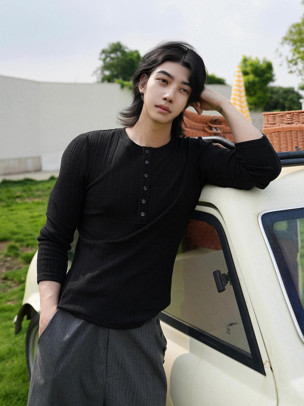 BALITONE Wrinkle Free Slim Fit Crew Neck Unisex Casual Breathable Cotton Henley Shirts