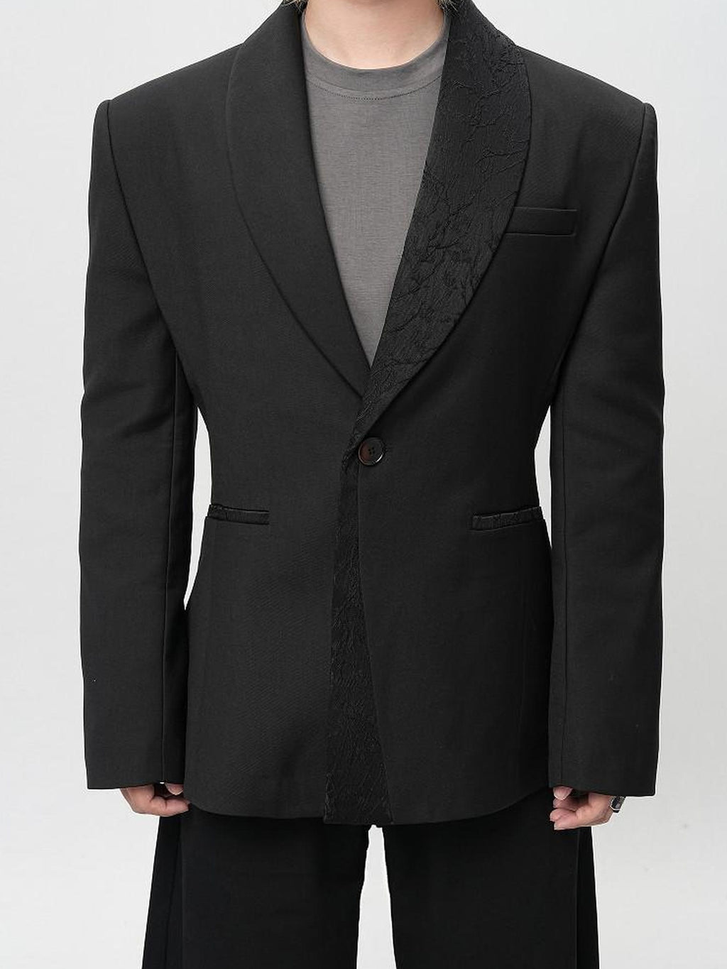 BALITONE Wrinkle Free Slim Fit Patchwork Casual Black Shawl-Collar Blazers