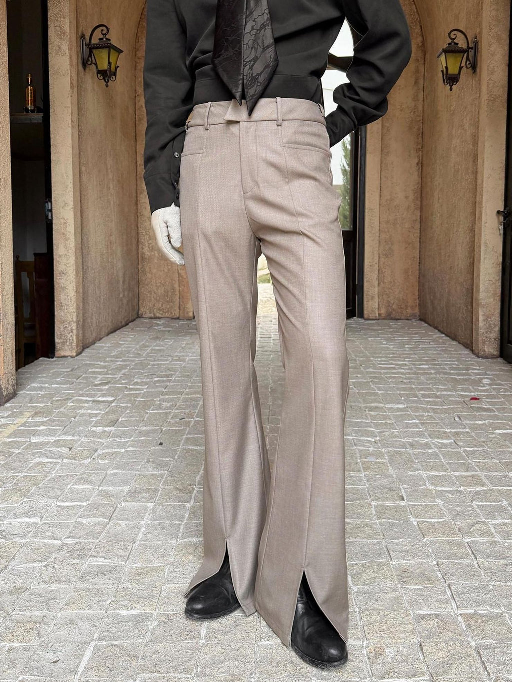 BALITONE Wrinkle Free Slim Mid Rise Japanese Youth Poly Cotton Stretch Flared Trousers