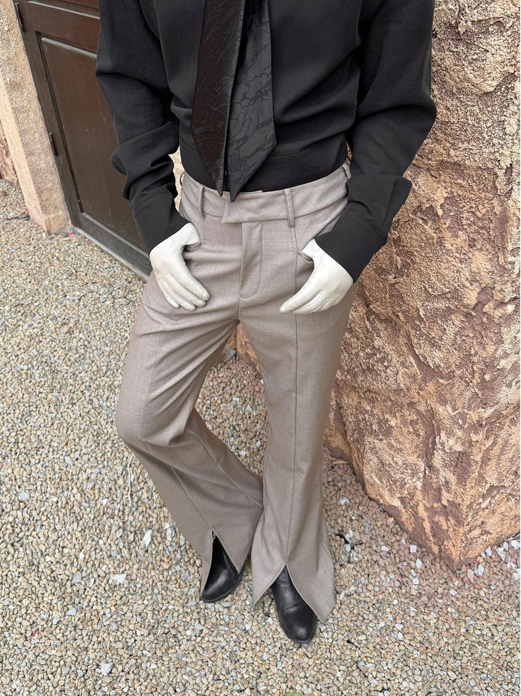 BALITONE Wrinkle Free Slim Mid Rise Japanese Youth Poly Cotton Stretch Flared Trousers