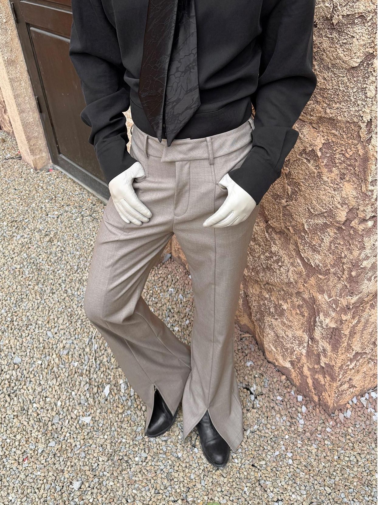 BALITONE Wrinkle Free Slim Mid Rise Japanese Youth Poly Cotton Stretch Flared Trousers