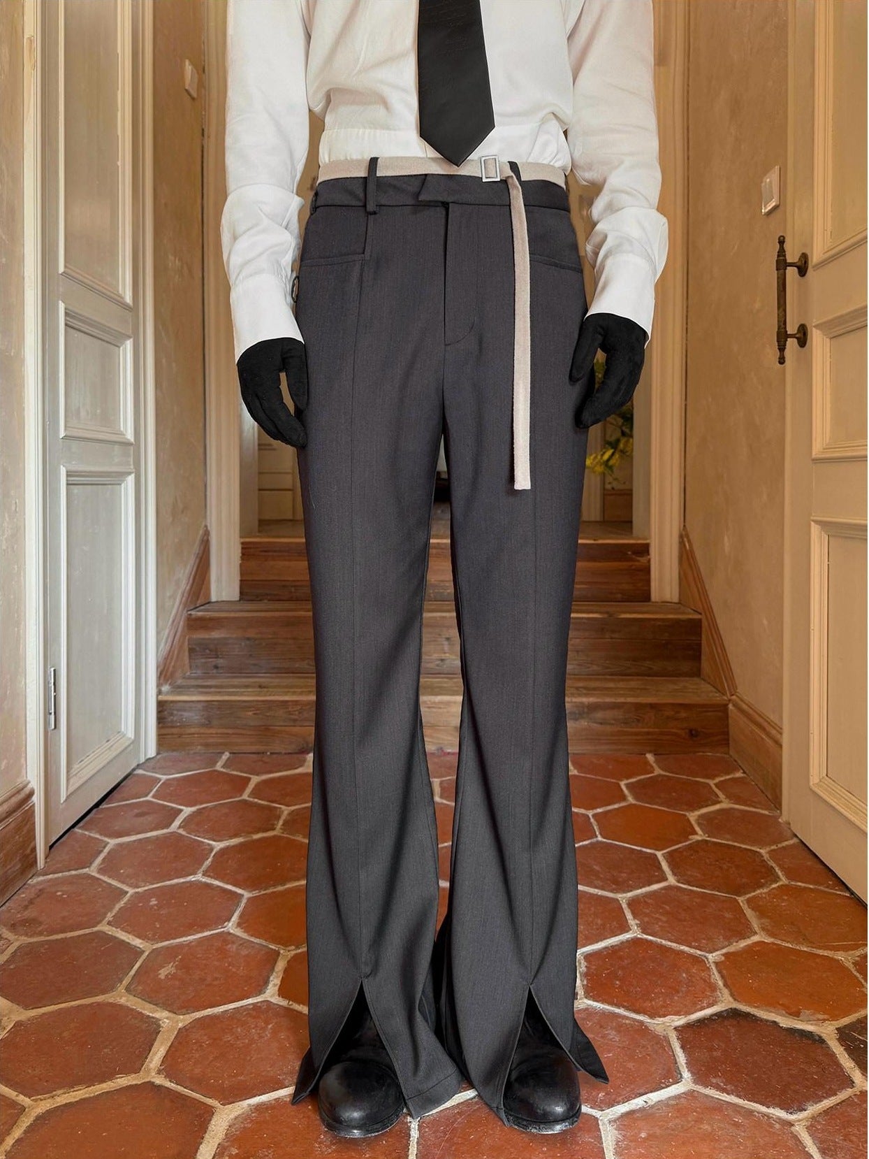 BALITONE Wrinkle Free Slim Mid Rise Japanese Youth Poly Cotton Stretch Flared Trousers