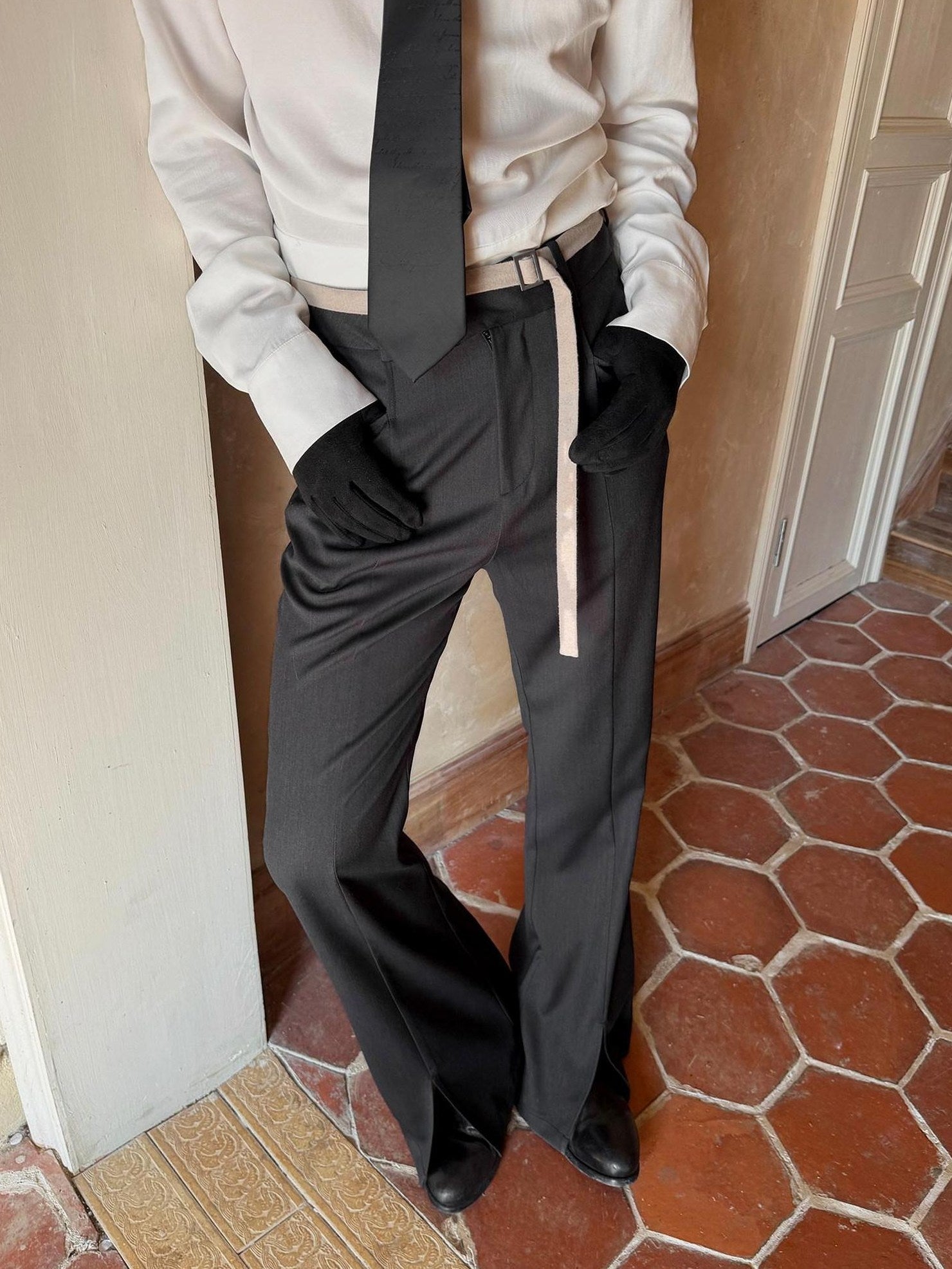 BALITONE Wrinkle Free Slim Mid Rise Japanese Youth Poly Cotton Stretch Flared Trousers
