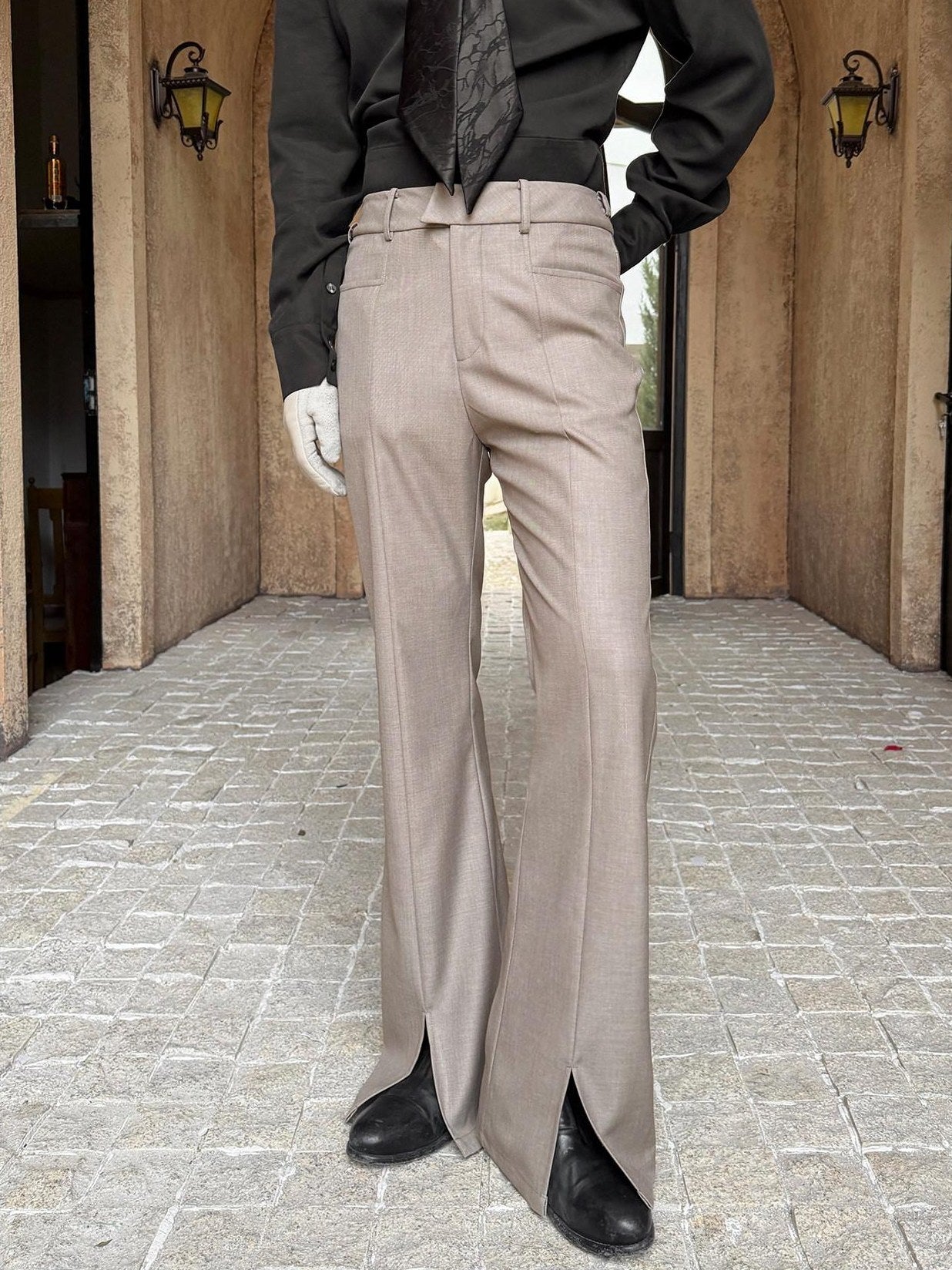 BALITONE Wrinkle Free Slim Mid Rise Japanese Youth Poly Cotton Stretch Flared Trousers
