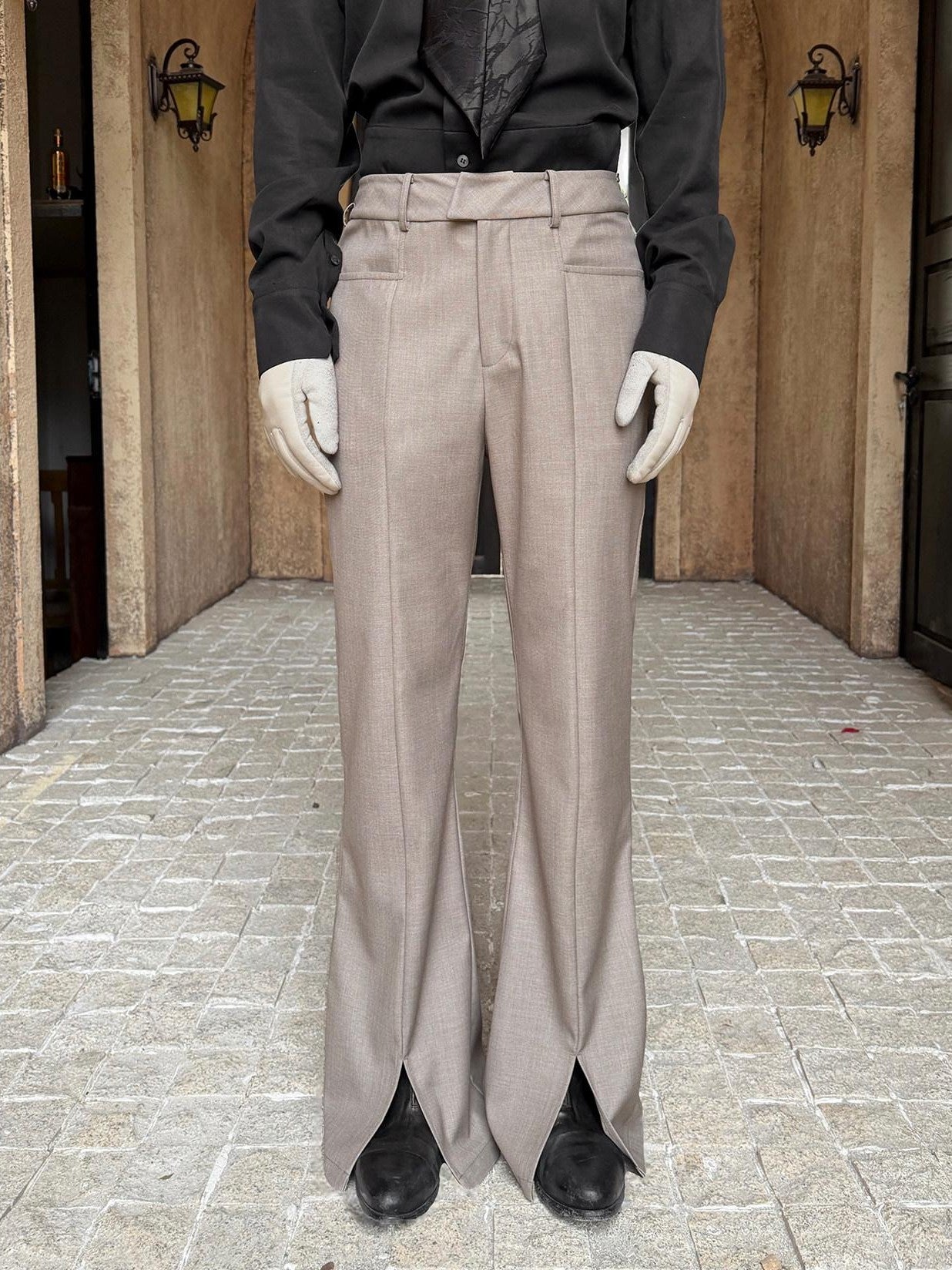 BALITONE Wrinkle Free Slim Mid Rise Japanese Youth Poly Cotton Stretch Flared Trousers