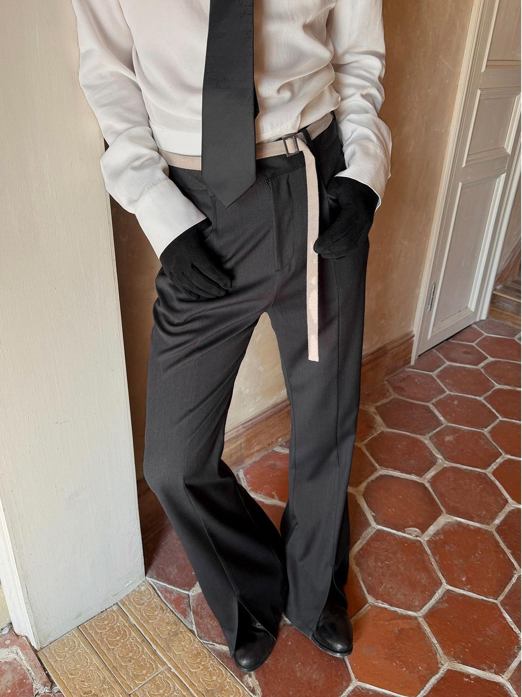 BALITONE Wrinkle Free Slim Mid Rise Japanese Youth Poly Cotton Stretch Flared Trousers