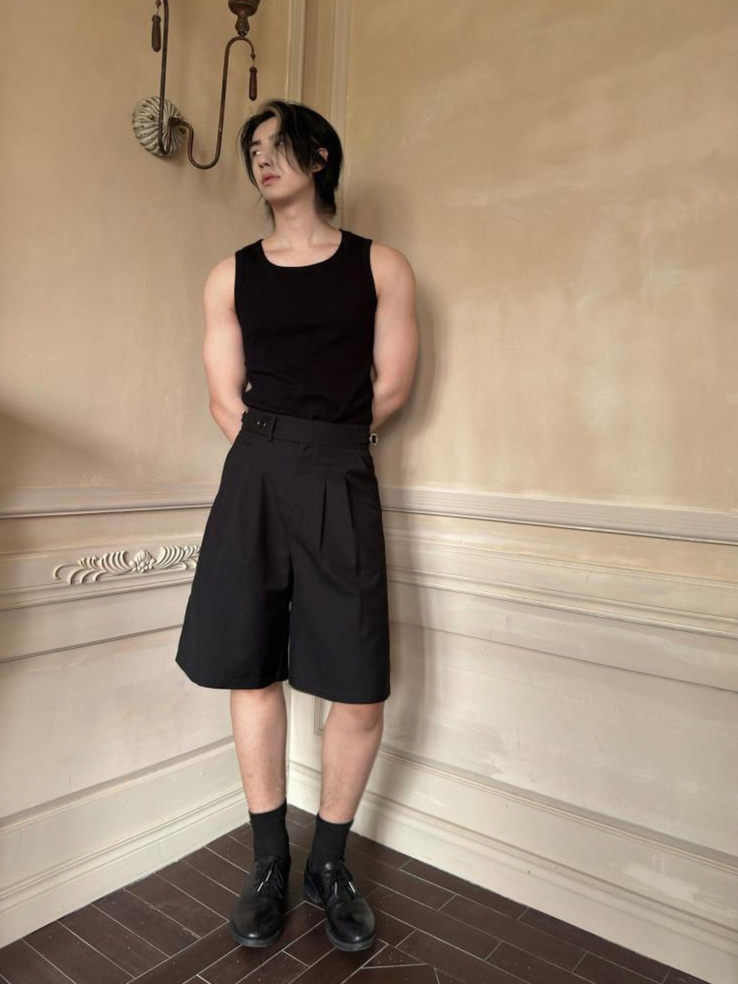 BALITONE Wrinkle Free Straight Fit Midrise Zipper Pockets Black Casual Tailored Shorts