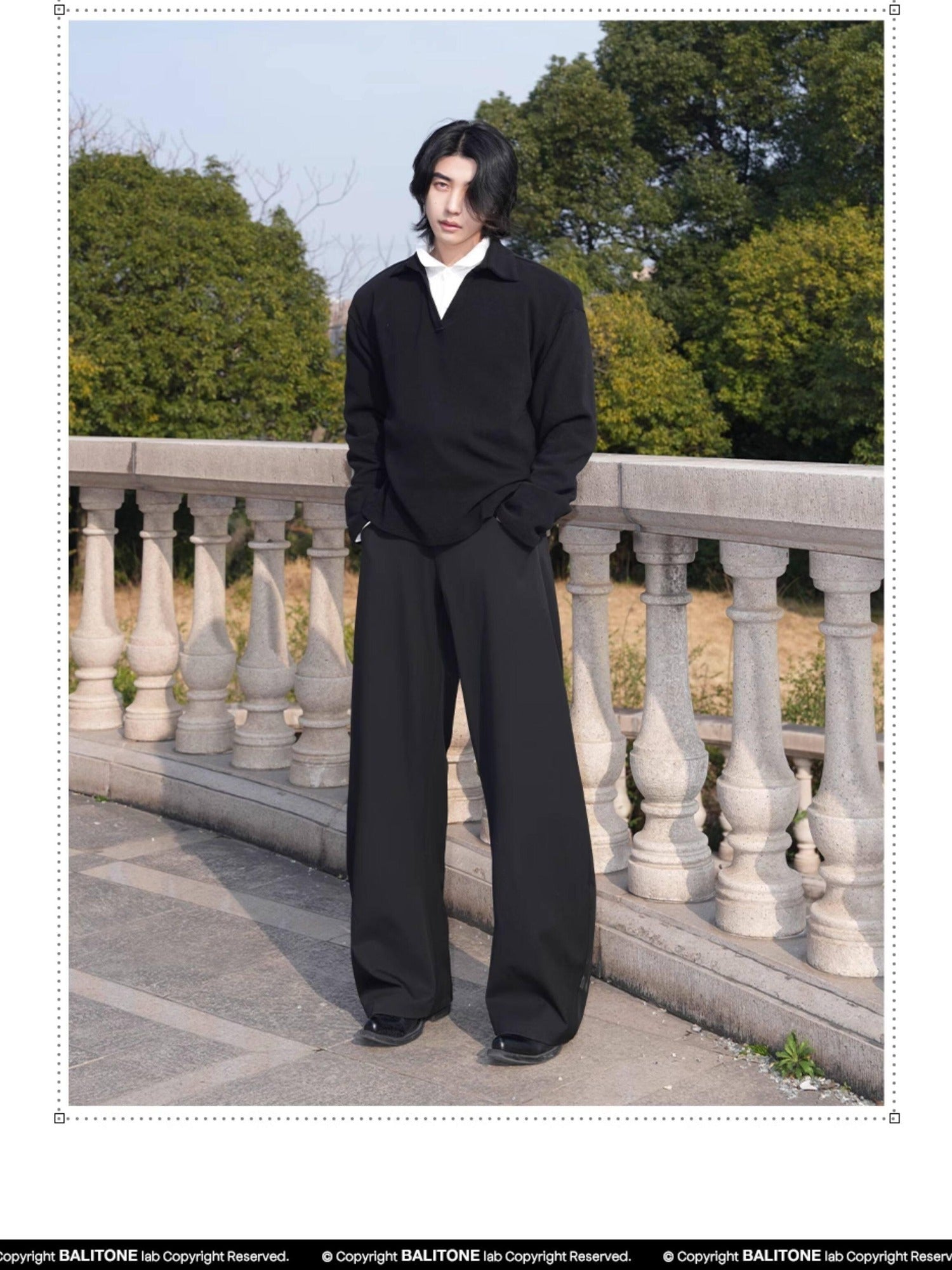 BALITONE Wrinkle Free Stretch Cleanfit Mid Rise Mens Black Barrel-Leg Trousers