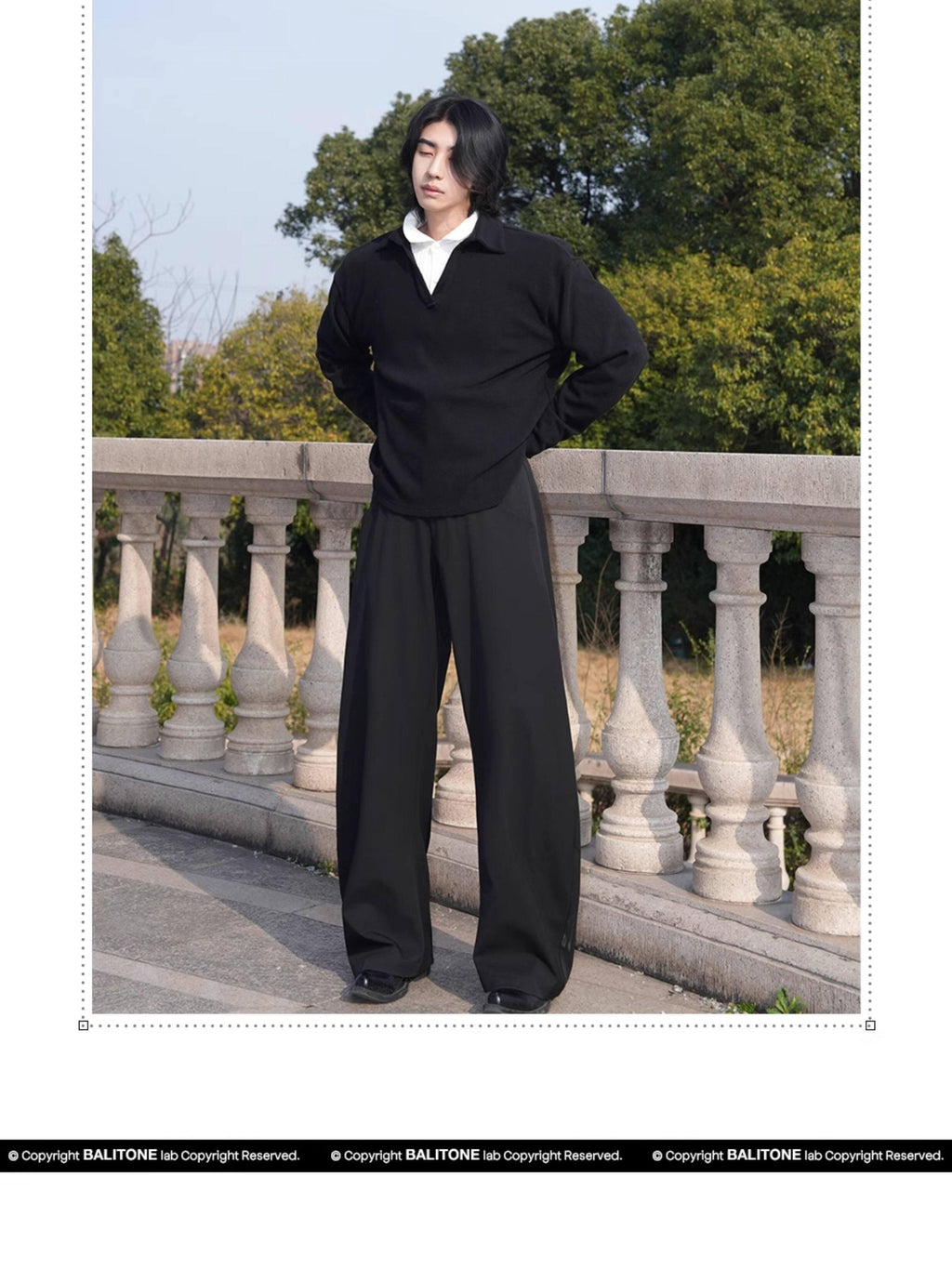 BALITONE Wrinkle Free Stretch Cleanfit Mid Rise Mens Black Barrel-Leg Trousers