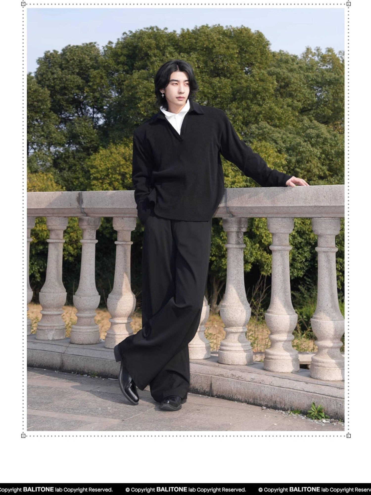 BALITONE Wrinkle Free Stretch Cleanfit Mid Rise Mens Black Barrel-Leg Trousers
