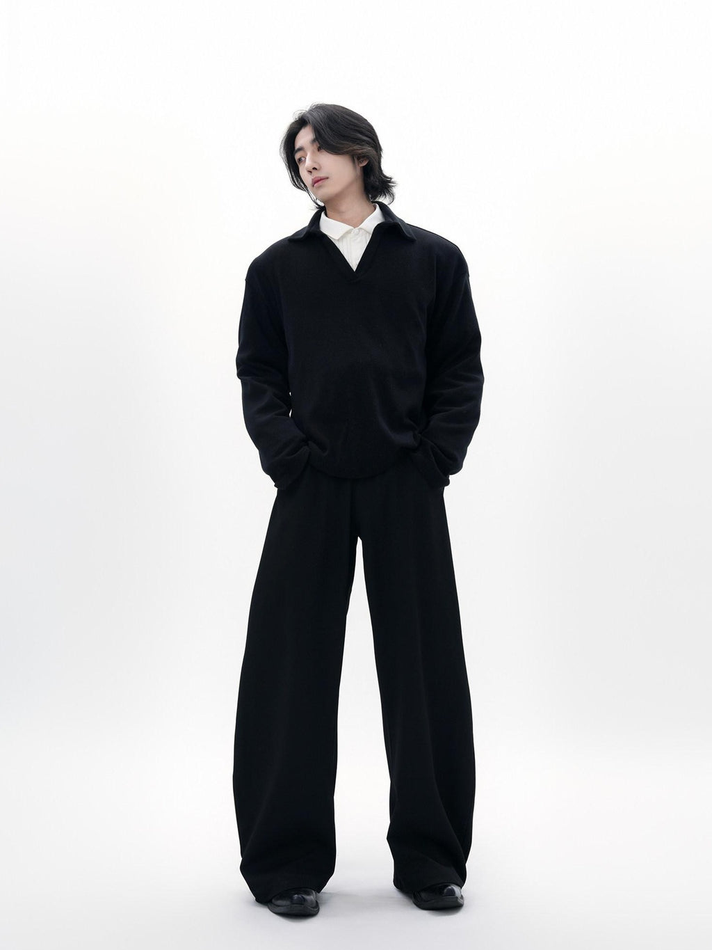 BALITONE Wrinkle Free Stretch Cleanfit Mid Rise Mens Black Barrel-Leg Trousers