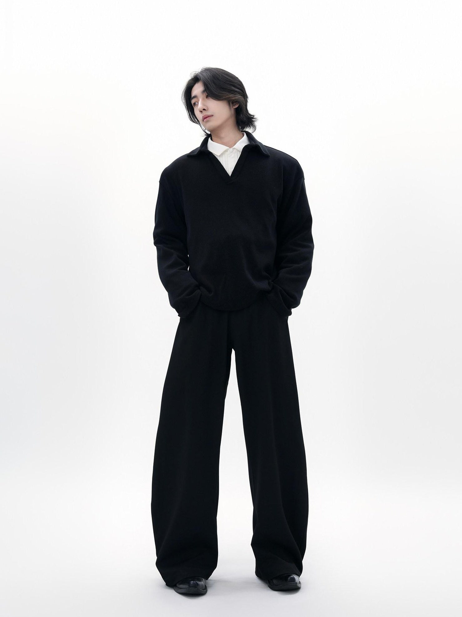 BALITONE Wrinkle Free Stretch Cleanfit Mid Rise Mens Black Barrel-Leg Trousers