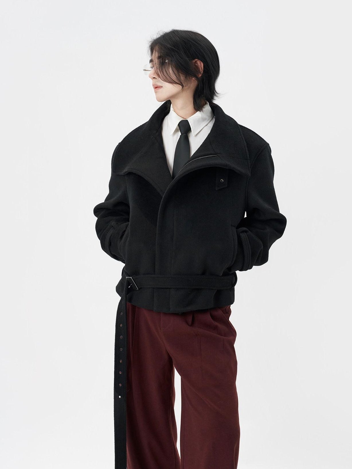 BALITONE Wrinkle Free Wool Blend Relaxed Tie Detail Unisex Black Short Cropped Jackets