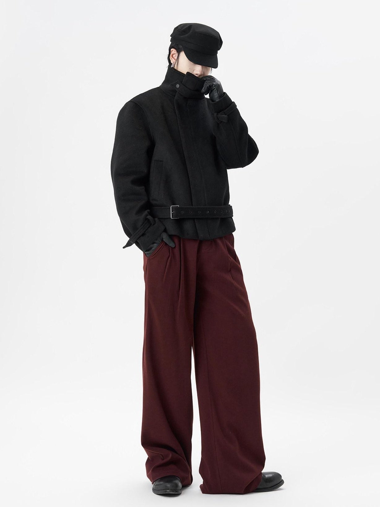 BALITONE Wrinkle Free Wool Blend Relaxed Tie Detail Unisex Black Short Cropped Jackets