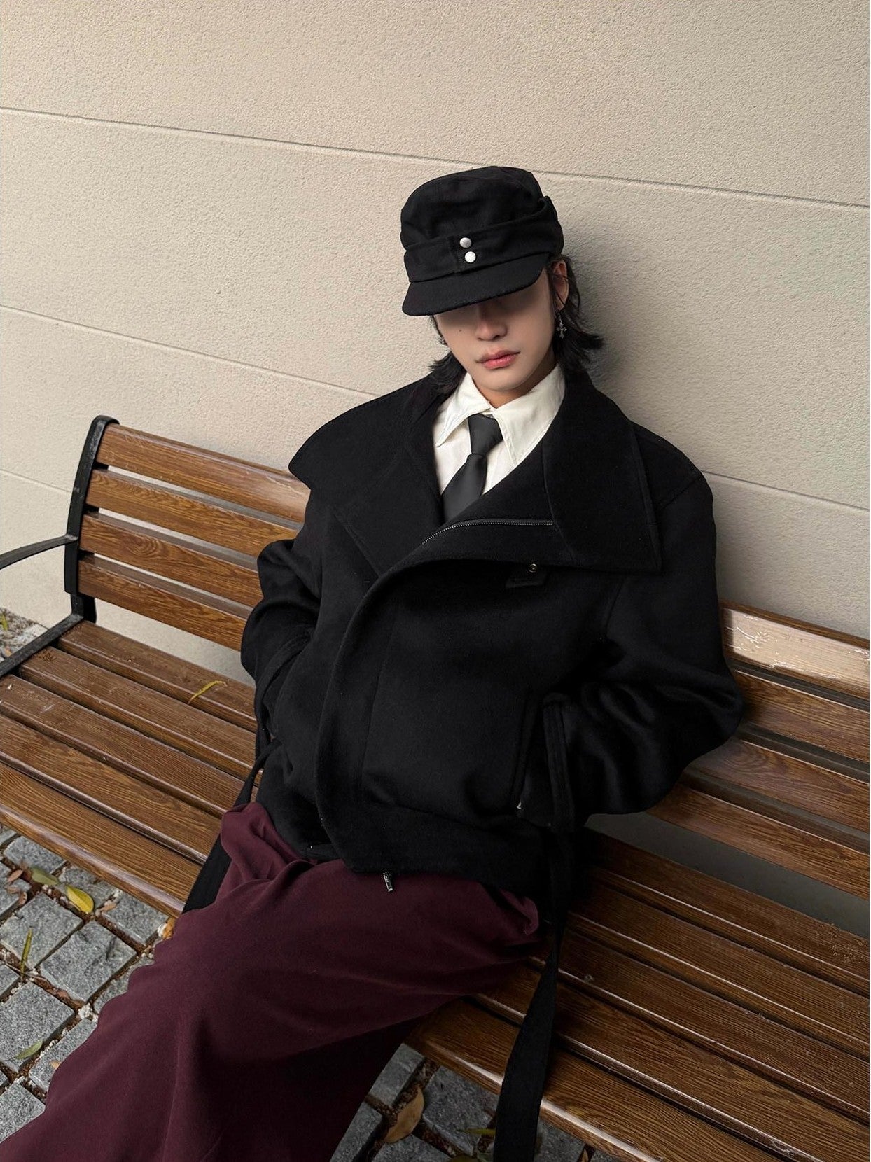 BALITONE Wrinkle Free Wool Blend Relaxed Tie Detail Unisex Black Short Cropped Jackets