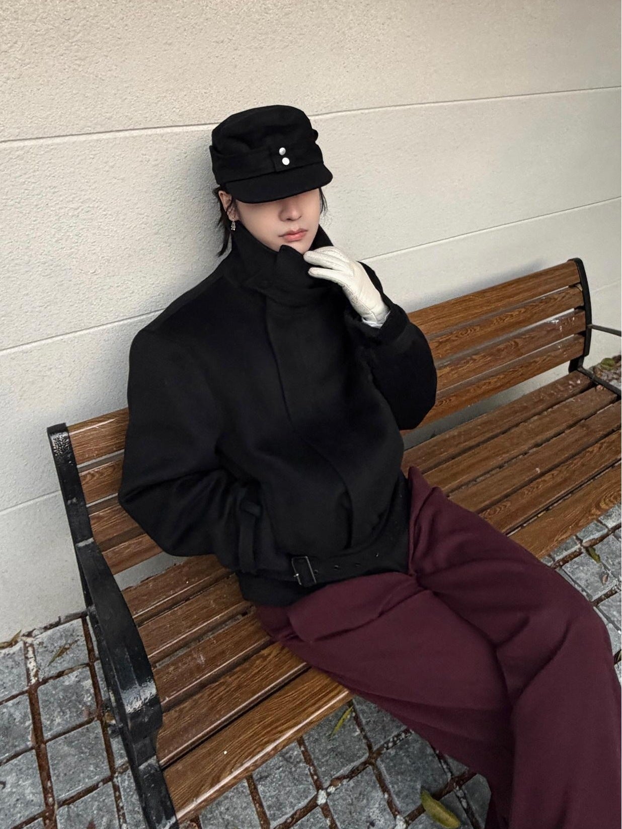 BALITONE Wrinkle Free Wool Blend Relaxed Tie Detail Unisex Black Short Cropped Jackets
