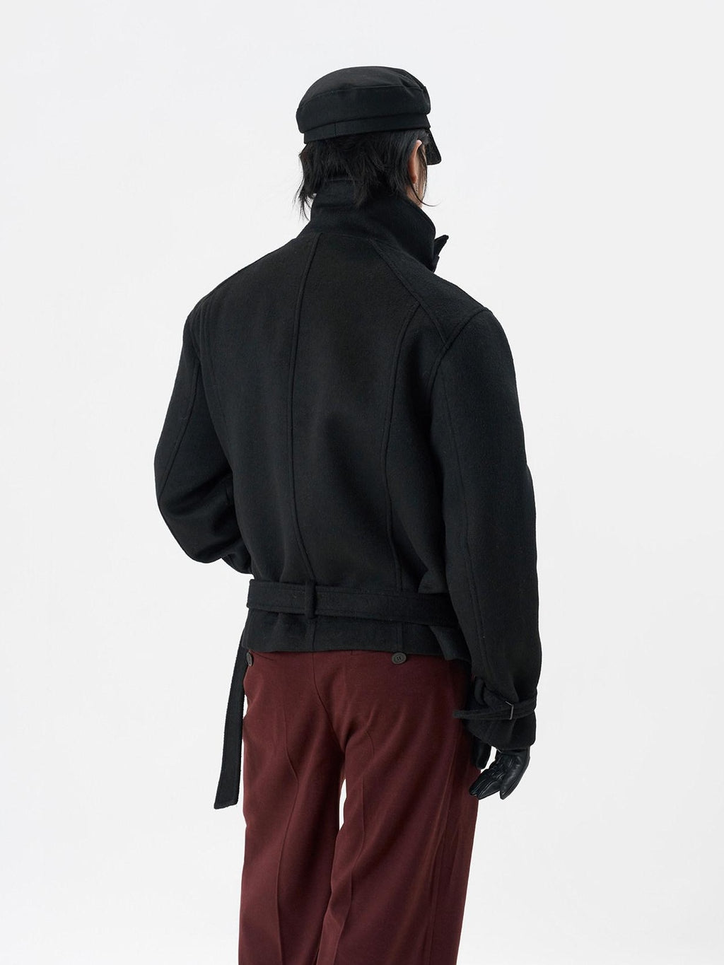 BALITONE Wrinkle Free Wool Blend Relaxed Tie Detail Unisex Black Short Cropped Jackets