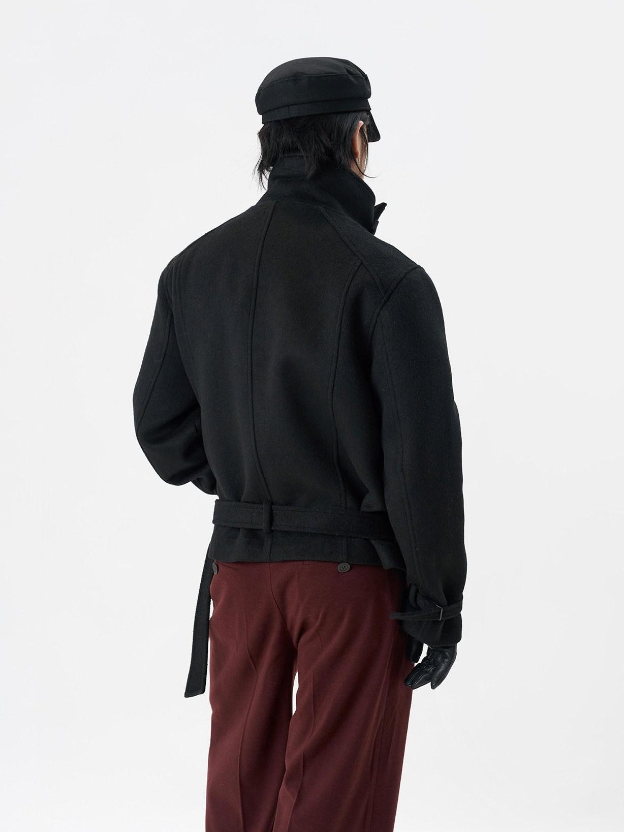 BALITONE Wrinkle Free Wool Blend Relaxed Tie Detail Unisex Black Short Cropped Jackets