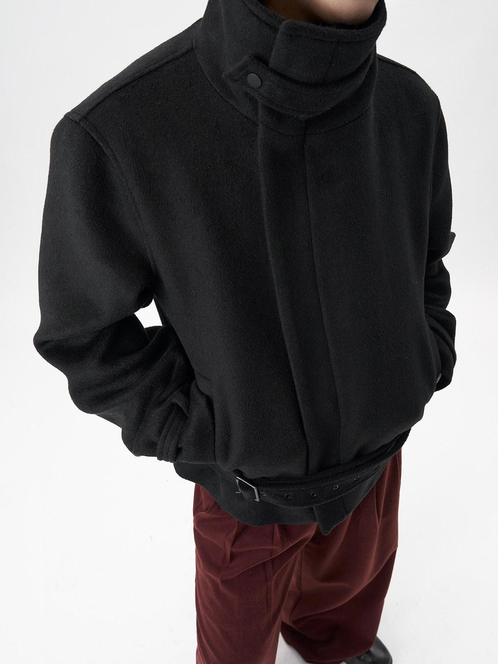 BALITONE Wrinkle Free Wool Blend Relaxed Tie Detail Unisex Black Short Cropped Jackets