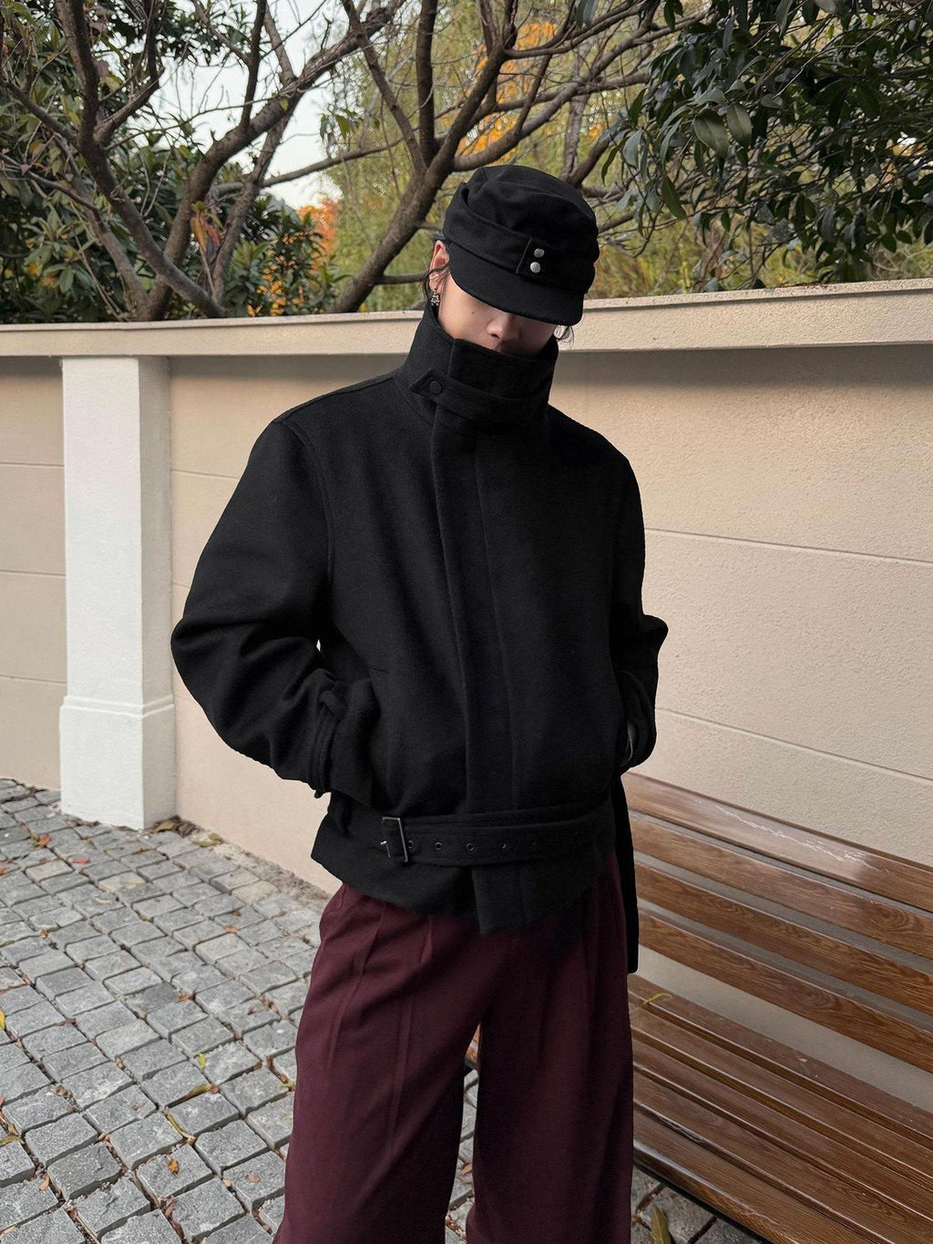 BALITONE Wrinkle Free Wool Blend Relaxed Tie Detail Unisex Black Short Cropped Jackets