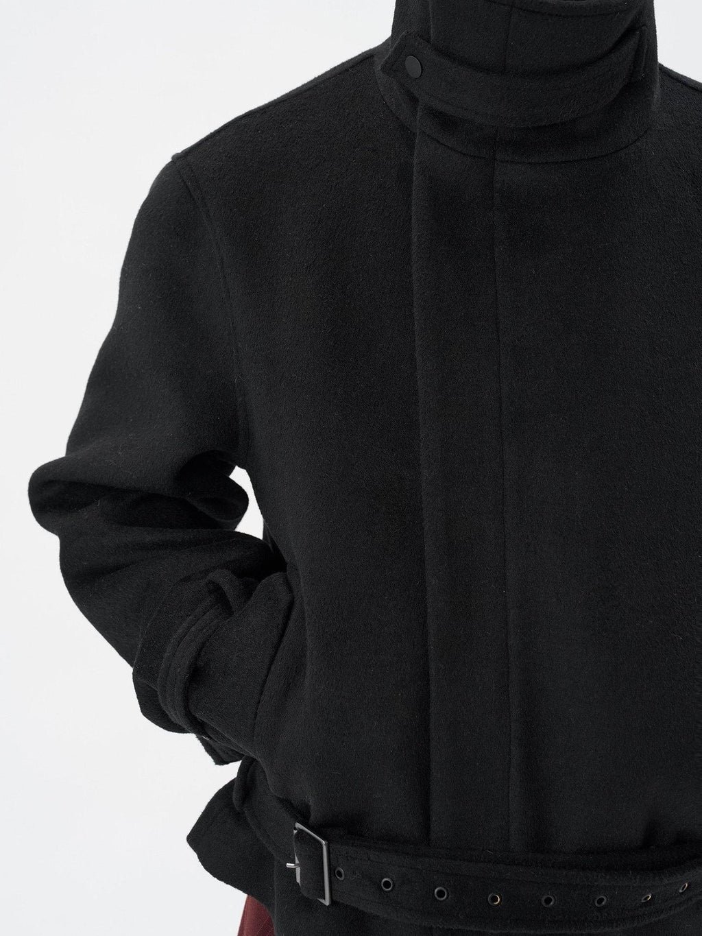 BALITONE Wrinkle Free Wool Blend Relaxed Tie Detail Unisex Black Short Cropped Jackets