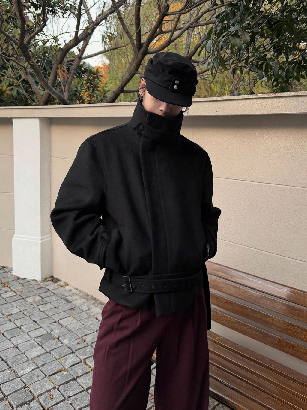 BALITONE Wrinkle Free Wool Blend Relaxed Tie Detail Unisex Black Short Cropped Jackets