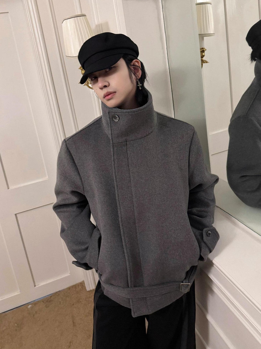 BALITONE Wrinkle Resistant Relaxed Fit Tie Detail Stand Collar Unisex Gray Wool Jackets