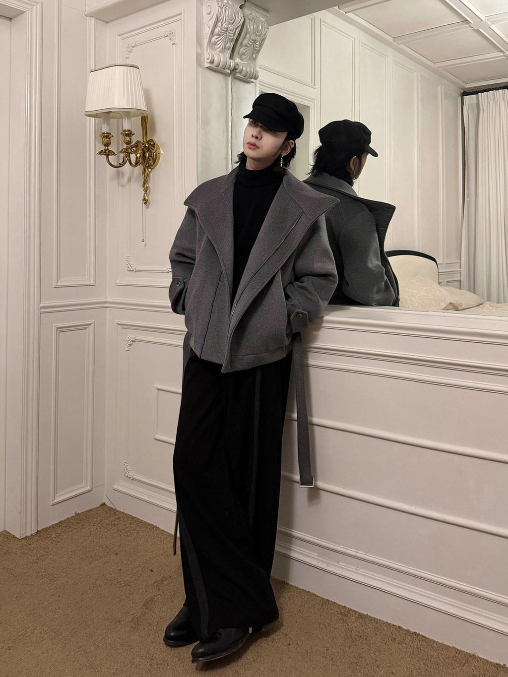 BALITONE Wrinkle Resistant Relaxed Fit Tie Detail Stand Collar Unisex Gray Wool Jackets