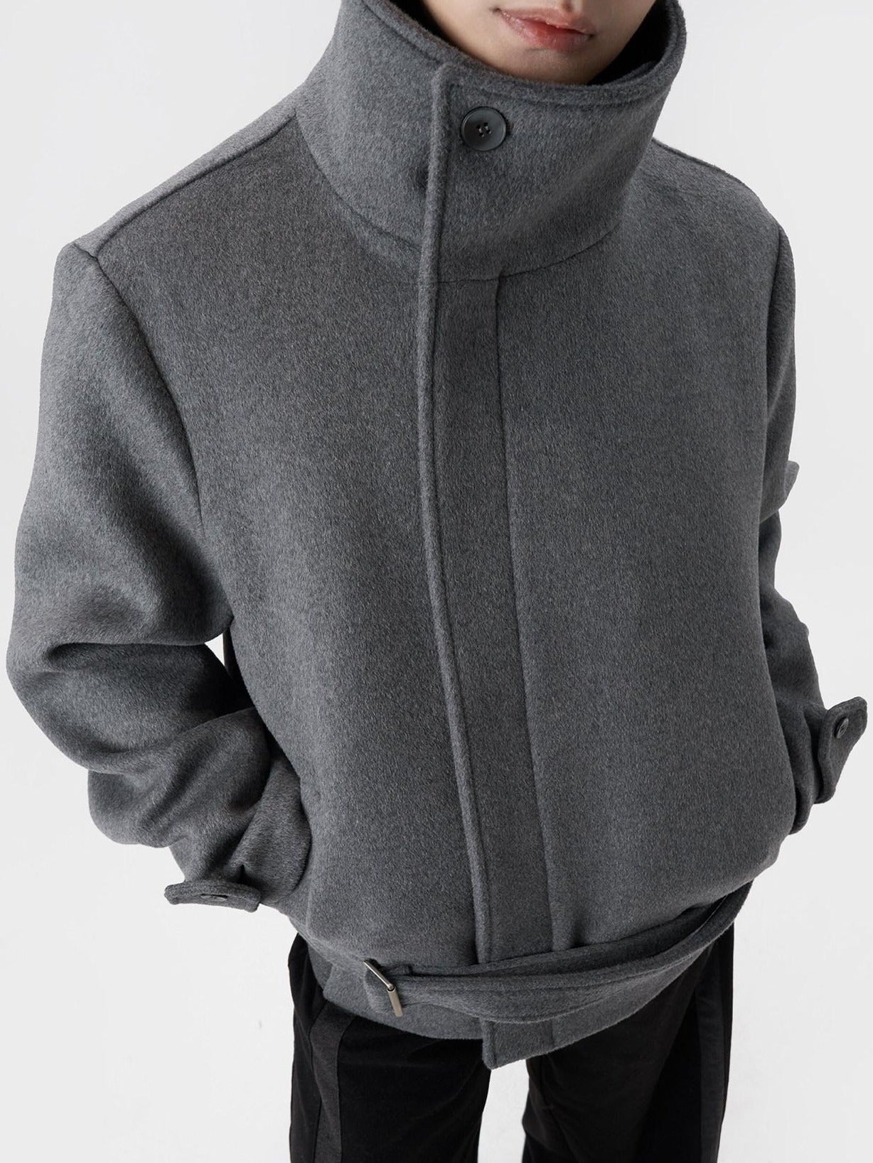 BALITONE Wrinkle Resistant Relaxed Fit Tie Detail Stand Collar Unisex Gray Wool Jackets
