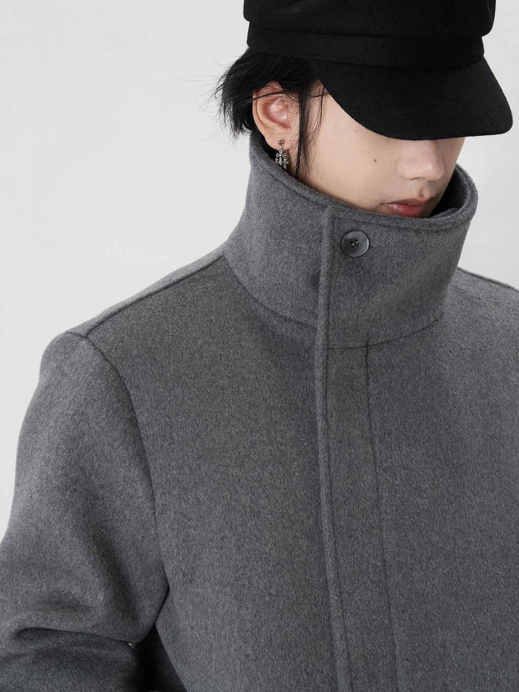 BALITONE Wrinkle Resistant Relaxed Fit Tie Detail Stand Collar Unisex Gray Wool Jackets