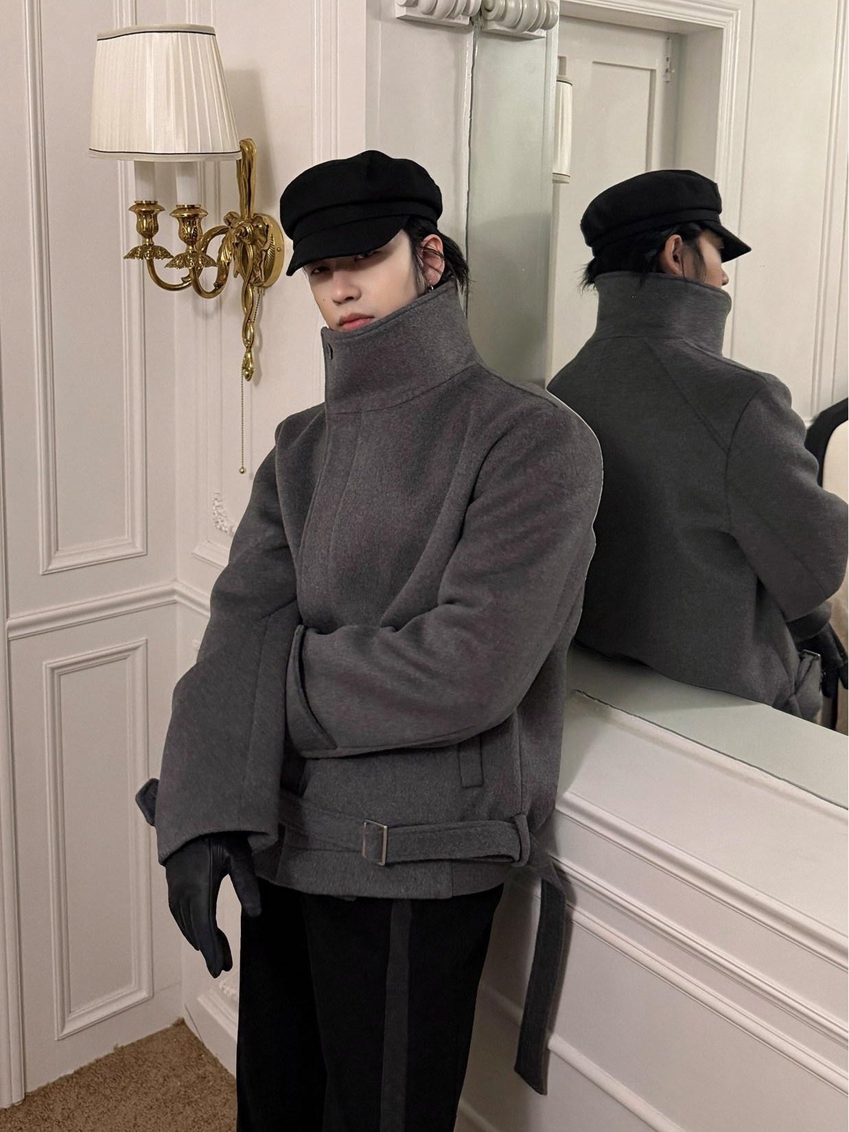 BALITONE Wrinkle Resistant Relaxed Fit Tie Detail Stand Collar Unisex Gray Wool Jackets