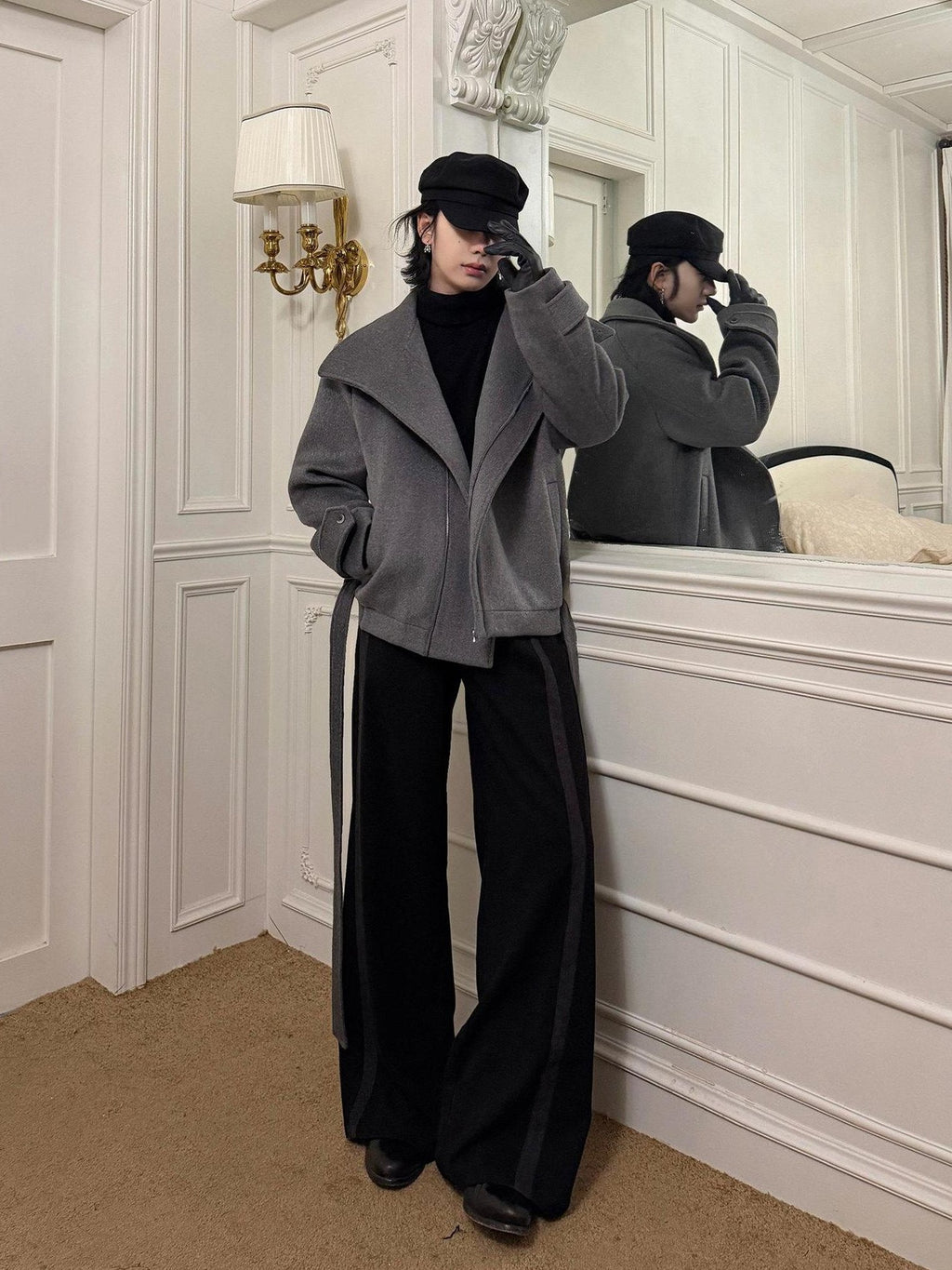 BALITONE Wrinkle Resistant Relaxed Fit Tie Detail Stand Collar Unisex Gray Wool Jackets