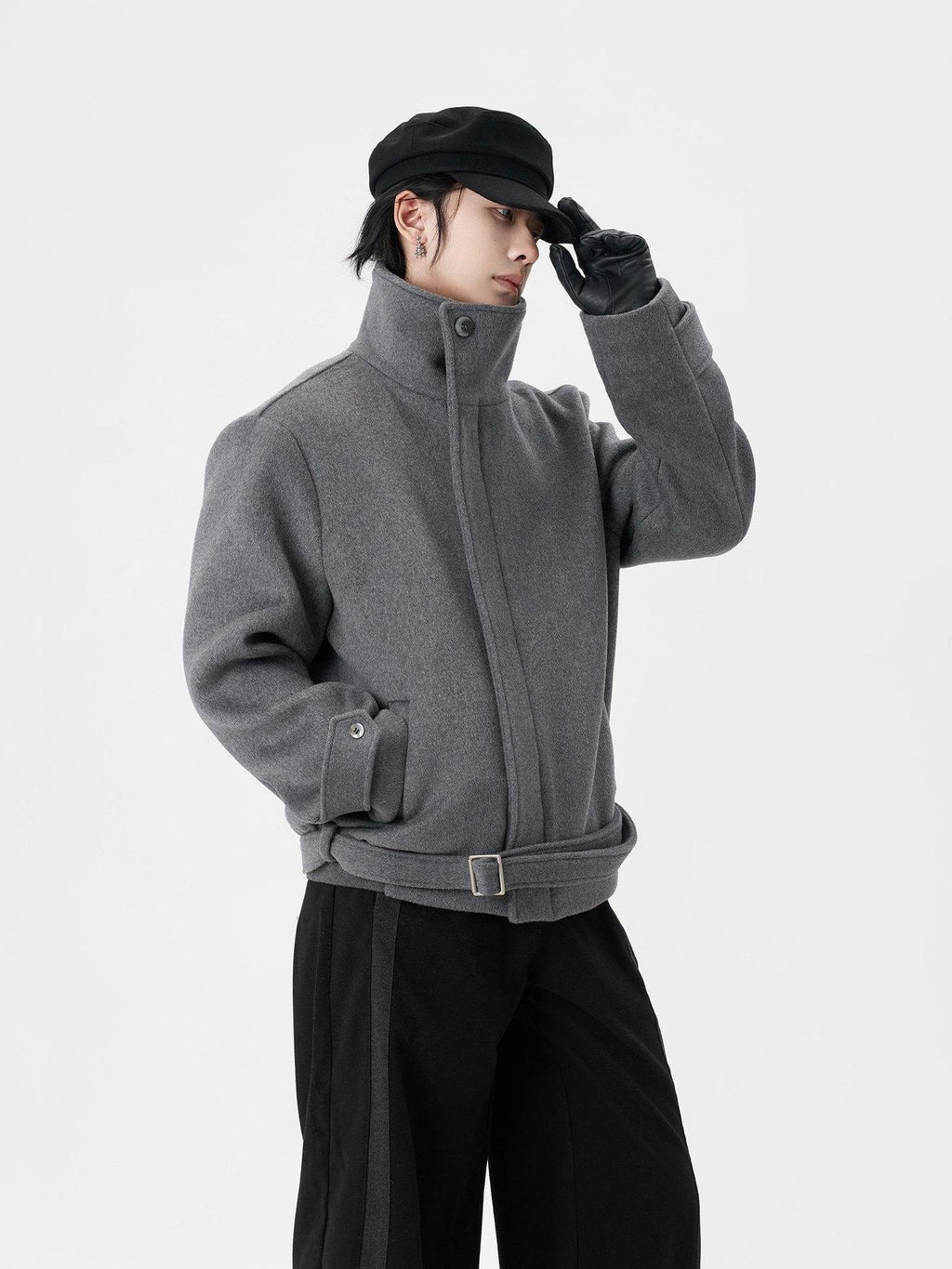BALITONE Wrinkle Resistant Relaxed Fit Tie Detail Stand Collar Unisex Gray Wool Jackets