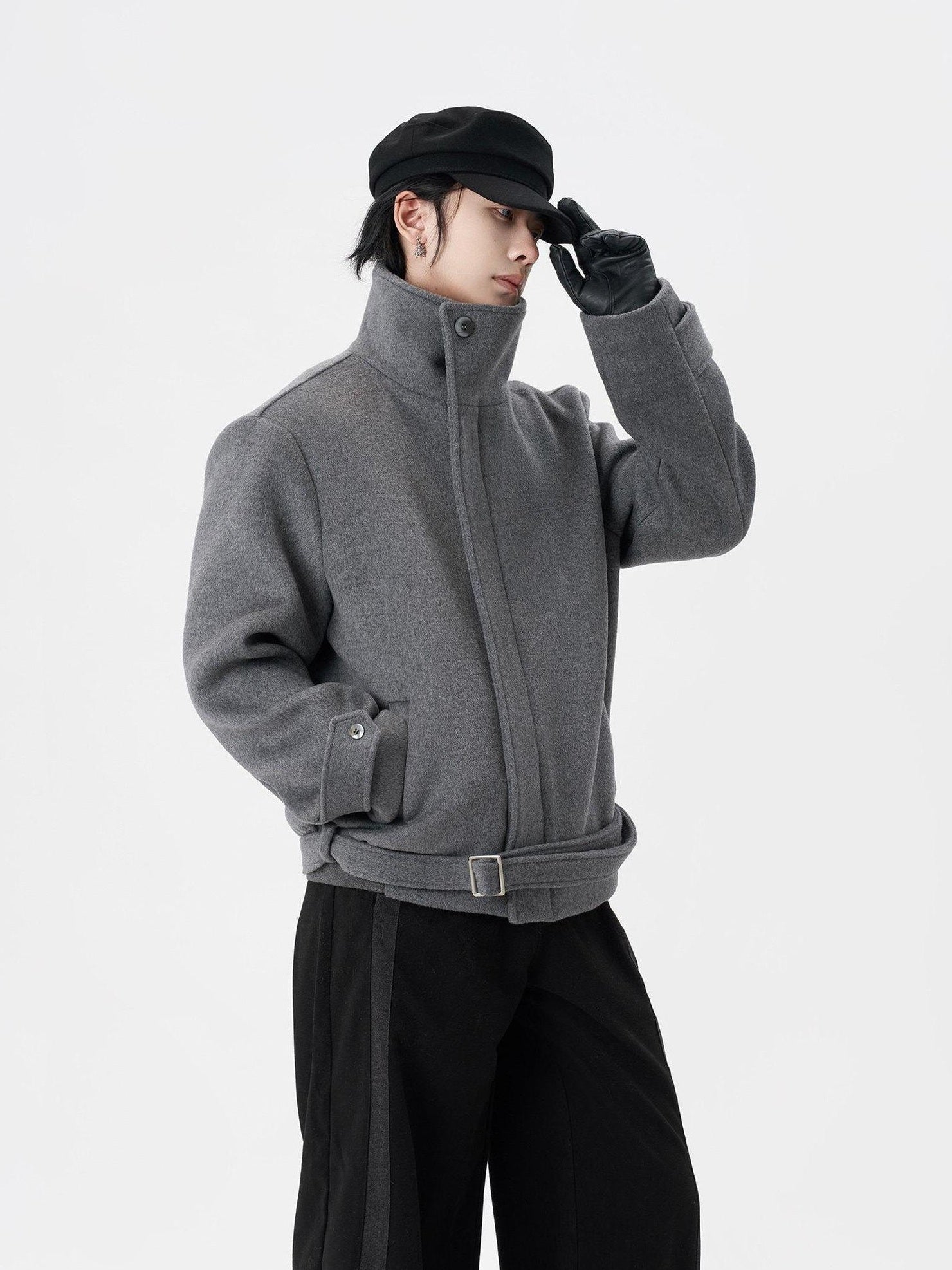 BALITONE Wrinkle Resistant Relaxed Fit Tie Detail Stand Collar Unisex Gray Wool Jackets