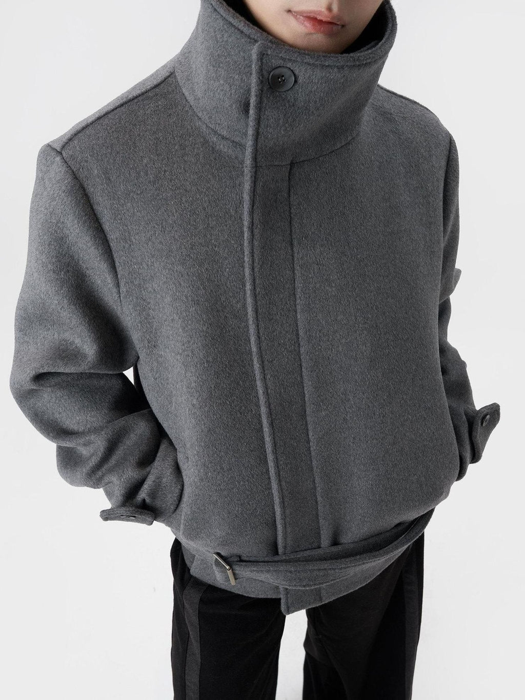 BALITONE Wrinkle Resistant Relaxed Fit Tie Detail Stand Collar Unisex Gray Wool Jackets