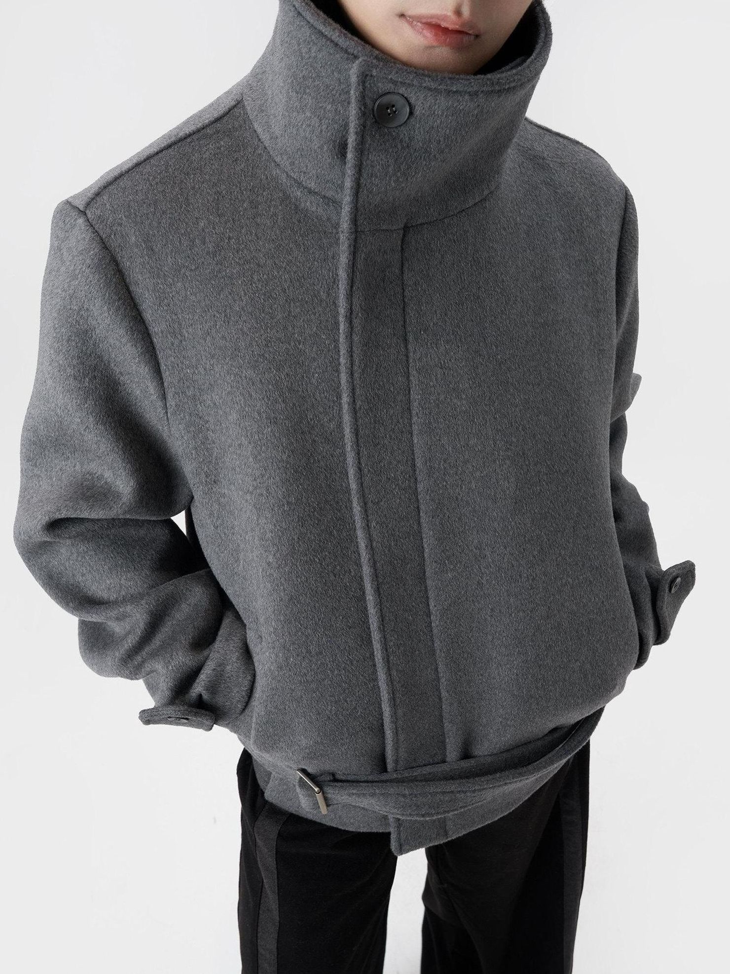 BALITONE Wrinkle Resistant Relaxed Fit Tie Detail Stand Collar Unisex Gray Wool Jackets