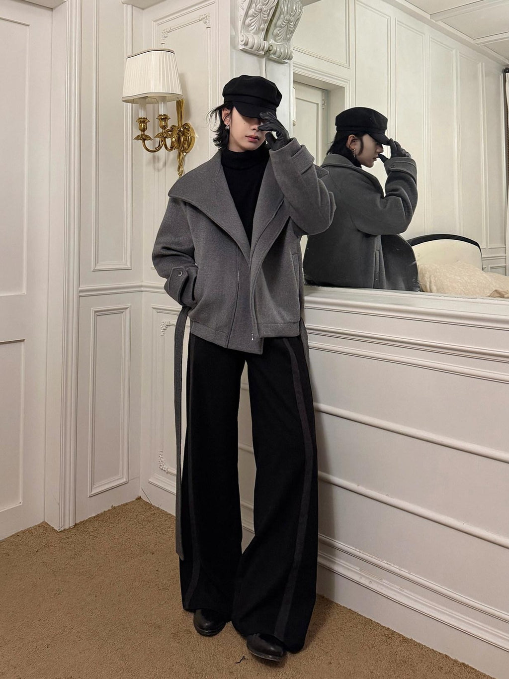 BALITONE Wrinkle Resistant Relaxed Fit Tie Detail Stand Collar Unisex Gray Wool Jackets