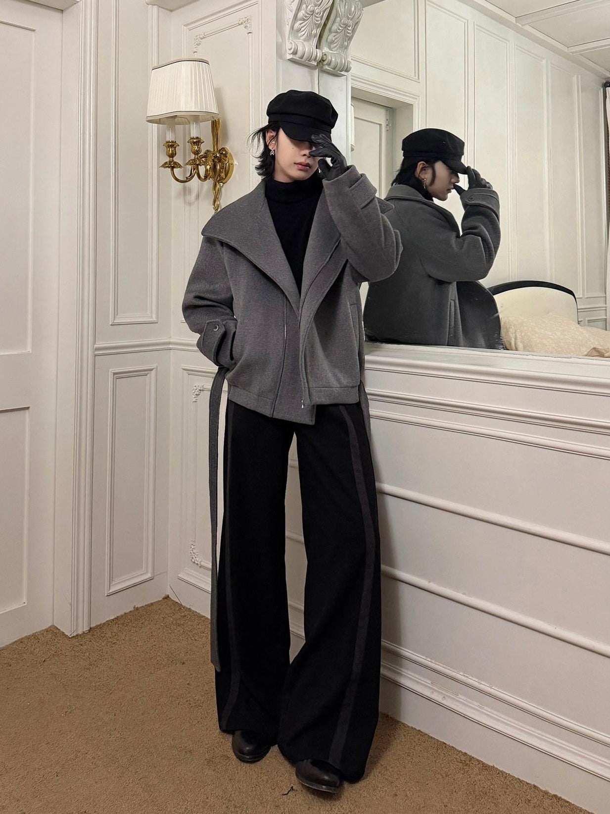 BALITONE Wrinkle Resistant Relaxed Fit Tie Detail Stand Collar Unisex Gray Wool Jackets
