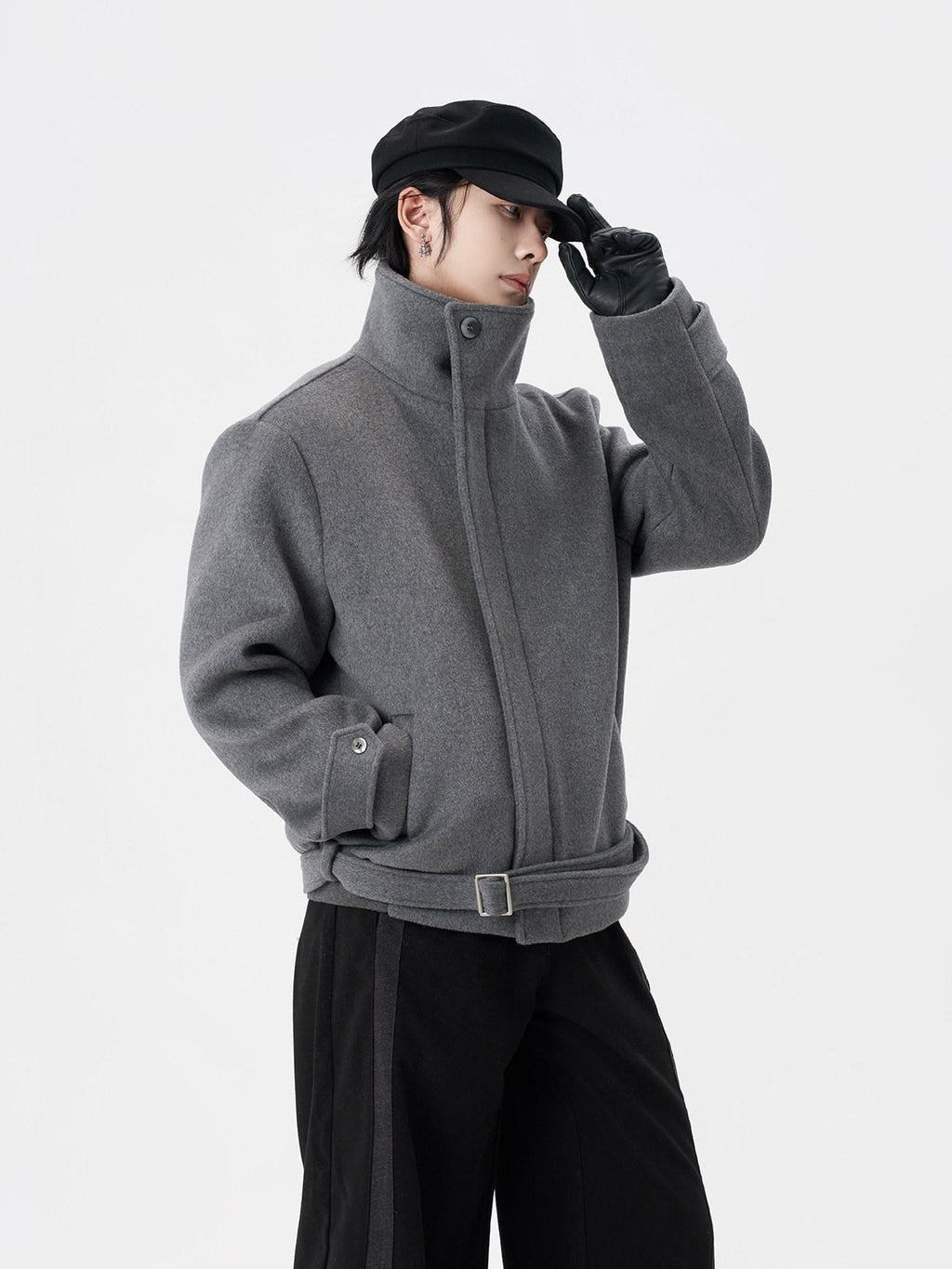BALITONE Wrinkle Resistant Relaxed Fit Tie Detail Stand Collar Unisex Gray Wool Jackets