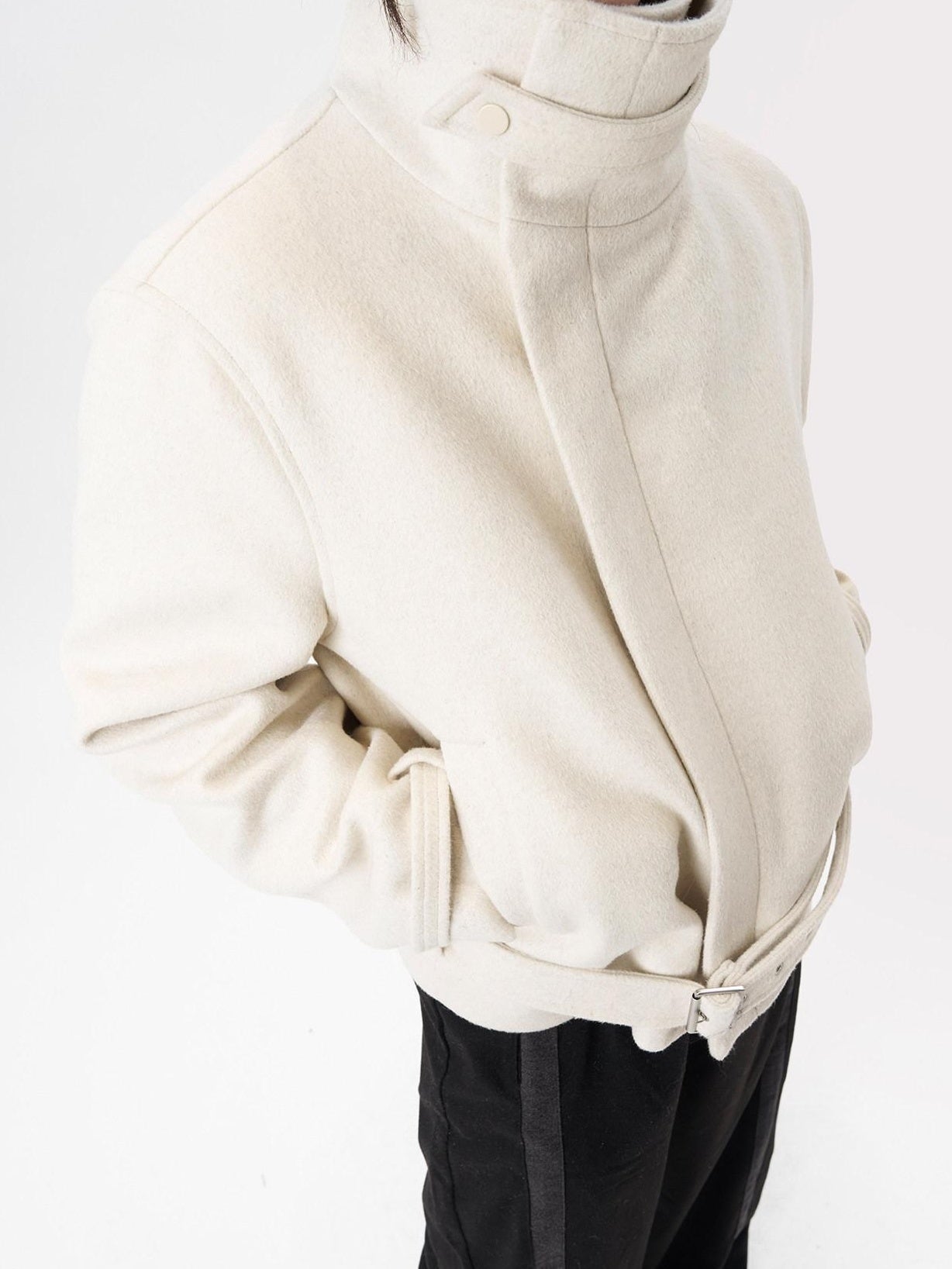 BALITONE Wrinkle Resistant Wool Blend Zip Stand Collar Unisex Cropped Wool Jackets