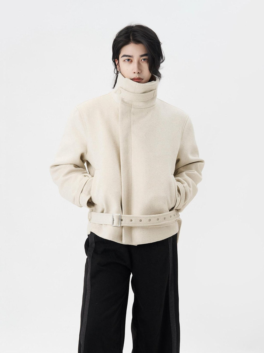 BALITONE Wrinkle Resistant Wool Blend Zip Stand Collar Unisex Cropped Wool Jackets