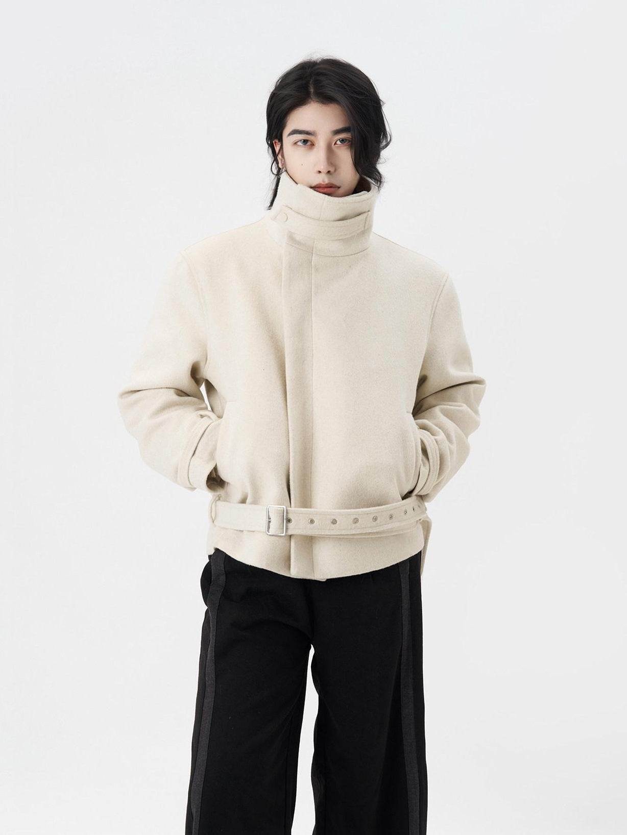 BALITONE Wrinkle Resistant Wool Blend Zip Stand Collar Unisex Cropped Wool Jackets