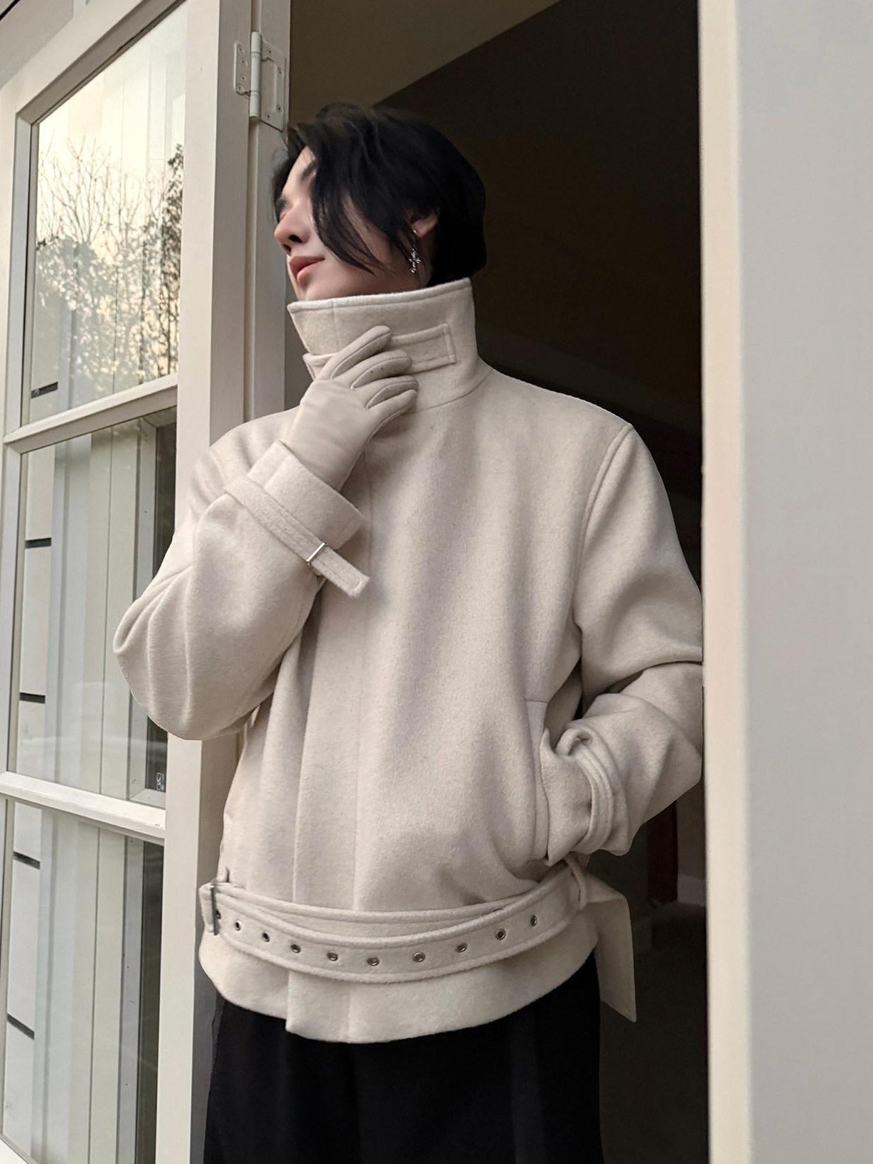 BALITONE Wrinkle Resistant Wool Blend Zip Stand Collar Unisex Cropped Wool Jackets