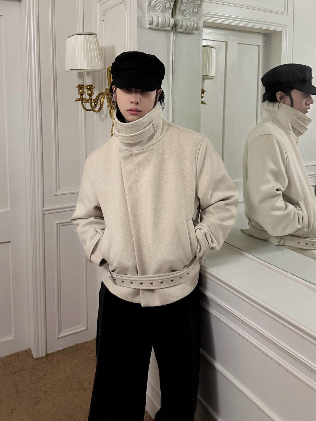 BALITONE Wrinkle Resistant Wool Blend Zip Stand Collar Unisex Cropped Wool Jackets