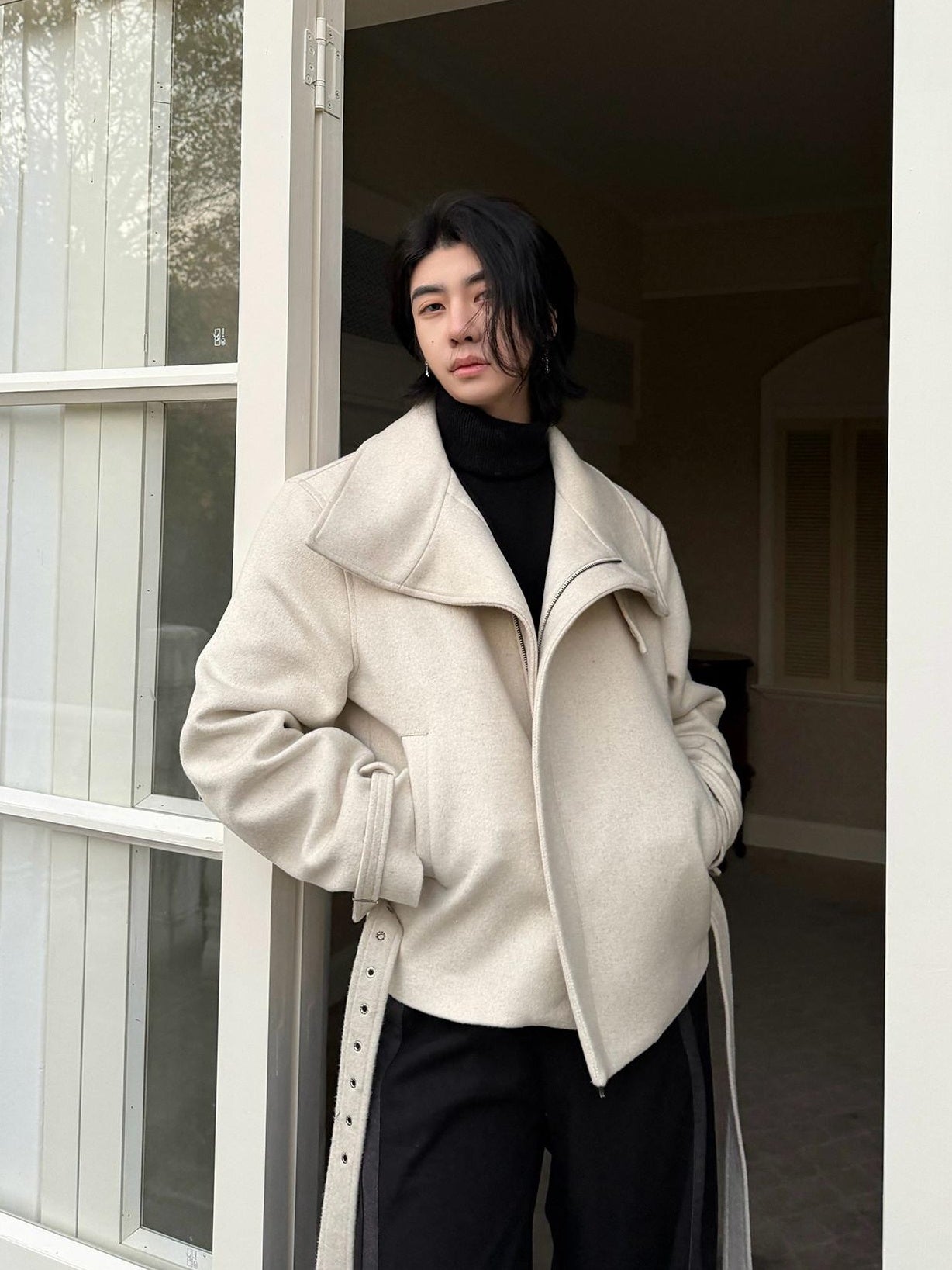 BALITONE Wrinkle Resistant Wool Blend Zip Stand Collar Unisex Cropped Wool Jackets