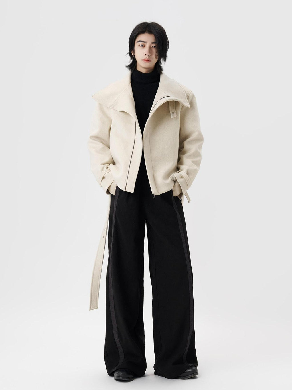 BALITONE Wrinkle Resistant Wool Blend Zip Stand Collar Unisex Cropped Wool Jackets